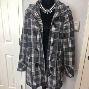 Wool blend, checkered design, hooded pea-coat up for sale.
